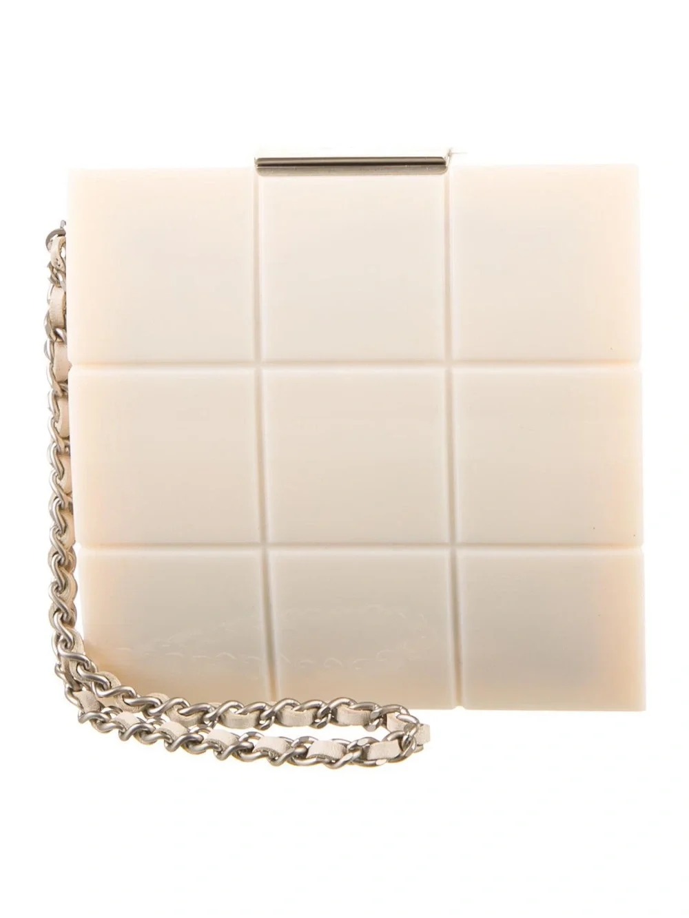 Vintage Chanel Chocolate Bar Minaudiere Acrylic Chain Strap Clutch Bag Cream